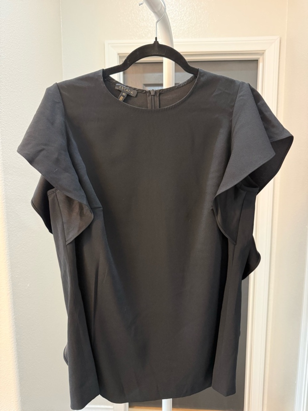Escada Black Short Sleeve Ruffle Detail Top